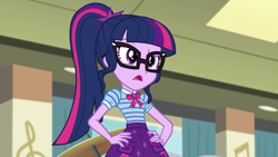 Size: 1280x720 | Tagged: safe, imported from derpibooru, screencap, sci-twi, twilight sparkle, equestria girls, equestria girls series, overpowered (equestria girls), canterlot high, clothes, female, geode of telekinesis, glasses, music room, open mouth, solo, talking