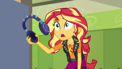 Size: 1280x720 | Tagged: safe, imported from derpibooru, screencap, sunset shimmer, equestria girls, equestria girls series, overpowered (equestria girls), canterlot high, clothes, door, female, geode of empathy, headphones, jacket, leather jacket, lockers, skirt, solo