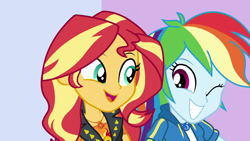 Size: 1280x720 | Tagged: safe, imported from derpibooru, screencap, rainbow dash, sunset shimmer, a fine line, equestria girls, equestria girls series, clothes, duo, female, geode of empathy, geode of super speed, magical geodes, one eye closed, open mouth, shipping fuel, wink