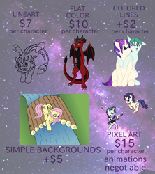 Size: 4000x4500 | Tagged: safe, artist:phonicb∞m, imported from derpibooru, fluttershy, rarity, oc, oc:charcoal, oc:cosmic latte, oc:kyuu, oc:mercy leaf, bat pony, dracony, dragon, hybrid, pegasus, pony, unicorn, alternate hairstyle, bridge, commission info, dragoness, female, flat colors, grass, guitar, lineart, looking at you, mermic, one eye closed, pixel art, pokémon, punk, raripunk, river, simple background, smiling, sprite, wink