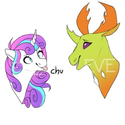 Size: 600x600 | Tagged: safe, artist:evoireen, imported from derpibooru, princess flurry heart, thorax, alicorn, changedling, changeling, cross-eyed, duo, female, flurrax, horn, king thorax, looking at each other, male, shipping, simple background, smiling, straight, tongue out, watermark
