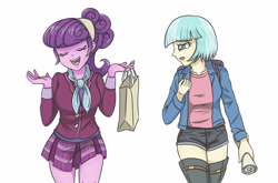 Size: 6200x4092 | Tagged: safe, artist:sumin6301, imported from derpibooru, coco pommel, suri polomare, equestria girls, friendship games, absurd resolution, backpack, boots, clothes, crystal prep academy uniform, duo, duo female, equestria girls-ified, eyes closed, female, open mouth, paper bag, plaid skirt, school uniform, shoes, shorts, shrug, simple background, skirt, smiling, thigh boots, white background