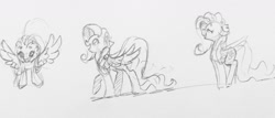 Size: 1280x549 | Tagged: safe, artist:dilarus, deleted from derpibooru, imported from derpibooru, fluttershy, pegasus, pony, eyes closed, female, flying, grayscale, looking up, mare, monochrome, open mouth, pencil drawing, sketch, smiling, solo, traditional art, walking