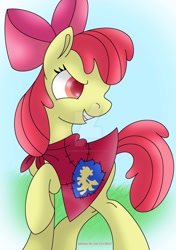 Size: 1024x1452 | Tagged: safe, artist:lavenderrain24, imported from derpibooru, apple bloom, earth pony, pony, cape, clothes, cmc cape, evil grin, female, filly, grin, looking back, raised hoof, smiling, solo, watermark