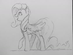 Size: 1280x960 | Tagged: safe, artist:dilarus, deleted from derpibooru, imported from derpibooru, fluttershy, pegasus, pony, female, grayscale, looking up, mare, monochrome, open mouth, pencil drawing, solo, traditional art, walking