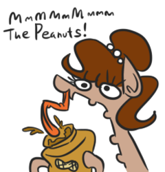 Size: 466x486 | Tagged: safe, artist:jargon scott, imported from derpibooru, oc, oc only, oc:brownie bun, earth pony, pony, dialogue, eating, female, food, hoof hold, licking, long neck, long tongue, mare, peanut butter, simple background, tongue out, wat, white background