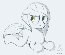 Size: 900x761 | Tagged: safe, artist:baratus93, imported from derpibooru, limestone pie, earth pony, pony, 30 minute art challenge, female, looking away, lying down, mare, prone, simple background, solo, sploot