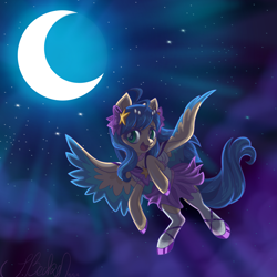 Size: 5000x5000 | Tagged: safe, artist:myhandsarecrazy, imported from derpibooru, oc, oc only, oc:blue sparkle, pegasus, pony, absurd resolution, clothes, female, flying, mare, moon, night, shoes, socks, solo, stars