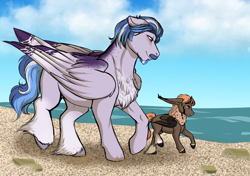 Size: 2150x1512 | Tagged: safe, artist:azraelartz, artist:theecchiqueen, imported from derpibooru, oc, oc only, oc:casey bleu, bat pony, hybrid, pegasus, pony, bat pony oc, beach, body freckles, chest fluff, cloud, colt, facial hair, father and son, floppy ears, freckles, long ears, male, moustache, sky, smiling, stallion, unshorn fetlocks, water