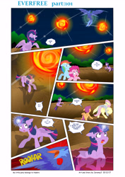 Size: 6197x8760 | Tagged: safe, artist:jeremy3, imported from derpibooru, derpy hooves, fluttershy, pinkie pie, rainbow dash, scootaloo, twilight sparkle, alicorn, night phoenix, pegasus, phoenix, pony, comic:everfree, absurd resolution, comic, female, filly, fire, mare, ppt, twilight sparkle (alicorn)