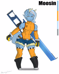 Size: 2000x2500 | Tagged: safe, artist:mopyr, imported from derpibooru, oc, oc only, oc:moosin, anthro, clothes, gloves, gun, horn, looking at you, rifle, simple background, skintight clothes, sniper rifle, solo, stockings, thigh highs, weapon, white background