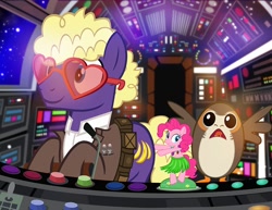Size: 900x695 | Tagged: safe, artist:pixelkitties, imported from derpibooru, blue peeler, pinkie pie, pony, porg, spoiler:star wars, bipedal, dashboard, glasses, heart glasses, heart shaped glasses, hula dance, hulapie, mike vogel, millenium falcon, ship, space, star wars, star wars: the last jedi