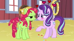 Size: 1199x666 | Tagged: safe, artist:ktd1993, imported from derpibooru, starlight glimmer, tree hugger, blushing, crack shipping, female, lesbian, shipping, starhugger