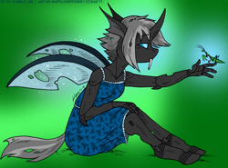 Size: 1200x888 | Tagged: safe, artist:kaemantis, imported from derpibooru, oc, oc only, oc:imago, anthro, changeling, insect, mantis, unguligrade anthro, anthro oc, art trade, changeling oc, clothes, dress, female, solo