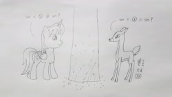 Size: 4032x2268 | Tagged: safe, artist:parclytaxel, imported from derpibooru, oc, oc only, oc:hiyaka, oc:parcly taxel, alicorn, deer, pony, ain't never had friends like us, albumin flask, parcly taxel in japan, coin, dialogue, doe, female, hiroshima, horn ring, itsukushima, japan, lineart, mare, miyajima, monochrome, pencil drawing, pillar, story included, torii, traditional art