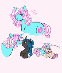 Size: 2350x2790 | Tagged: safe, artist:overlordneon, imported from derpibooru, oc, oc only, oc:chriki, oc:lala bye, oc:nova dawn, alicorn, changeling, pony, unicorn, alicorn oc, changeling oc, female, magical lesbian spawn, mare, offspring, parent:bon bon, parent:lyra heartstrings, parent:queen chrysalis, parent:sunset shimmer, parent:twilight sparkle, parents:lyrabon, parents:sunsetsparkle, smiling