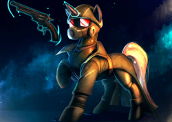 Size: 1400x990 | Tagged: safe, artist:bakki, imported from derpibooru, oc, oc only, pony, unicorn, fallout equestria, boots, clothes, commission, fallout, fallout: new vegas, female, gas mask, gun, handgun, helmet, magic, mare, mask, ncr, ncr ranger, ncr veteran armor, night, night vision goggles, raised hoof, revolver, riot gear, shoes, solo, telekinesis, trenchcoat, weapon