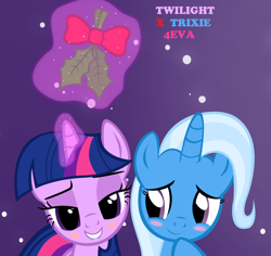 Size: 1620x1528 | Tagged: safe, artist:kuren247, artist:navitaserussirus, artist:themexicanpunisher, imported from derpibooru, trixie, twilight sparkle, pony, unicorn, female, holly, holly mistaken for mistletoe, lesbian, lip bite, magic, mare, shipping, smiling, twixie, unicorn twilight