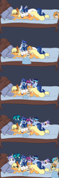 Size: 2000x6000 | Tagged: safe, artist:saphi-boo, imported from derpibooru, applejack, shining armor, oc, earth pony, pony, unicorn, alternate universe, bed, crack shipping, female, foal, male, mare, next generation, offspring, parent:applejack, parent:shining armor, parents:shiningjack, pony pile, pony pillow, prone, shiningjack, shipping, simple background, sleeping, stallion, straight, unshorn fetlocks