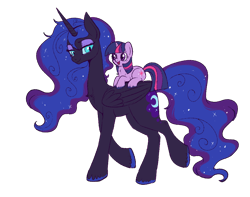 Size: 950x747 | Tagged: safe, artist:lulubell, imported from derpibooru, nightmare moon, princess luna, twilight sparkle, pony, unicorn, fanfic:the moon's apprentice, alternate universe, cute, duo, fanfic, fanfic art, female, filly, filly twilight sparkle, mare, nightmare luna, ponies riding ponies, riding, simple background, smol, teacher and student, transparent background, twiabetes, twilight riding luna, unicorn twilight, unshorn fetlocks, younger