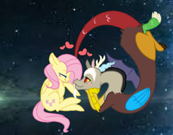 Size: 600x468 | Tagged: safe, artist:rose-moonlightowo, imported from derpibooru, discord, fluttershy, pony, discoshy, female, heart, male, shipping, space, straight