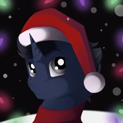 Size: 2015x2015 | Tagged: safe, artist:conrie, imported from derpibooru, oc, oc only, oc:slashing prices, unicorn, bust, christmas, christmas lights, clothes, hat, hearth's warming eve, holiday, lights, male, night, portrait, santa hat, scarf, snow, snowfall, stallion