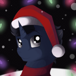 Size: 1000x1000 | Tagged: safe, alternate version, artist:conrie, imported from derpibooru, oc, oc only, oc:slashing prices, unicorn, animated, bust, christmas, christmas lights, clothes, gif, hat, hearth's warming eve, holiday, lights, male, night, portrait, santa hat, scarf, snow, snowfall, stallion
