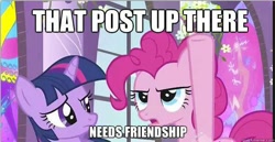Size: 590x305 | Tagged: safe, edit, edited screencap, imported from derpibooru, screencap, pinkie pie, twilight sparkle, earth pony, pony, unicorn, the return of harmony, confused, exploitable meme, female, frown, glare, image macro, indoors, juxtaposition bait, looking up, mare, meme, open mouth, pointing, quickmeme, raised eyebrow, raised hoof, reaction image