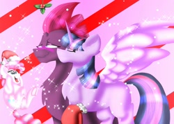 Size: 1950x1400 | Tagged: safe, artist:dragonteeth42, imported from derpibooru, fizzlepop berrytwist, pinkie pie, tempest shadow, twilight sparkle, alicorn, my little pony: the movie, female, holly, holly mistaken for mistletoe, lesbian, romantic, shipping, tempestlight, twilight sparkle (alicorn)