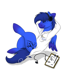 Size: 2000x2000 | Tagged: safe, artist:rudazmora, imported from derpibooru, oc, oc:skaj, butterfly, pegasus, pony, arm behind head, blue, clothes, cutie mark, doctor, headphones, icon, lab coat, male, music, relaxing, shadow, simple background, stallion, stethoscope, sticker, transparent background