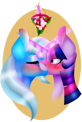 Size: 1108x1637 | Tagged: safe, artist:princessara0, imported from derpibooru, trixie, twilight sparkle, pony, unicorn, bust, duo, female, kiss on the lips, kissing, lesbian, mistleholly, mistletoe, shipping, simple background, transparent background, twixie