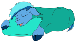 Size: 1792x990 | Tagged: safe, artist:ylpmis, imported from derpibooru, oc, oc only, oc:umami stale, pony, :p, blanket, pillow, silly, simple background, sleeping, solo, tongue out, transparent background