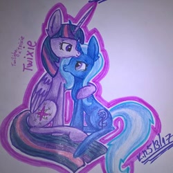 Size: 480x480 | Tagged: artist needed, safe, imported from derpibooru, trixie, twilight sparkle, alicorn, female, lesbian, shipping, traditional art, twilight sparkle (alicorn), twixie