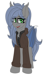 Size: 1050x1800 | Tagged: safe, artist:eclipsepenumbra, imported from derpibooru, oc, oc only, oc:eclipse penumbra, bat pony, 2018 community collab, derpibooru community collaboration, bat pony oc, clothes, fangs, looking at you, simple background, smiling, transparent background