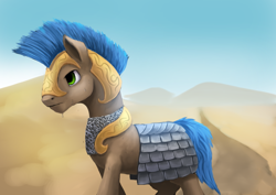 Size: 1024x724 | Tagged: safe, artist:xormak, imported from derpibooru, oc, oc only, earth pony, pony, armor, chainmail, desert, male, royal guard, scenery, solo, stallion, walking