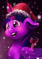 Size: 1280x1811 | Tagged: safe, artist:xormak, imported from derpibooru, twilight sparkle, alicorn, pony, christmas, cocktail glass, female, glass, glowing horn, hat, holiday, magic, mare, open mouth, santa hat, snow, snowfall, solo, telekinesis, twilight sparkle (alicorn)