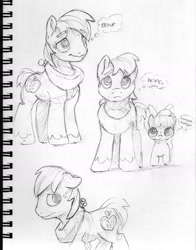 Size: 1264x1611 | Tagged: safe, artist:dilarus, deleted from derpibooru, imported from derpibooru, apple bloom, big macintosh, pony, female, grayscale, mare, monochrome, murder, pencil drawing, siblings, simple background, thought bubble, traditional art, white background