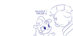 Size: 1500x750 | Tagged: safe, artist:dilarus, deleted from derpibooru, imported from derpibooru, rarity, sweetie belle, pony, dialogue, female, filly, mare, monochrome, simple background, truth, white background