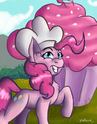 Size: 1020x1300 | Tagged: safe, artist:katrina-mae, imported from derpibooru, pinkie pie, earth pony, pony, chef's hat, cupcake, female, food, giant cupcake, hat, mare, raised hoof, solo