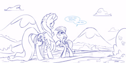 Size: 6000x3000 | Tagged: safe, artist:dilarus, deleted from derpibooru, imported from derpibooru, fluttershy, rainbow dash, pony, comic, diverse body types, duo, duo female, female, mare, monochrome, mountain, simple background, smoldash, tallershy, white background