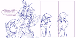 Size: 6000x3000 | Tagged: safe, artist:dilarus, deleted from derpibooru, imported from derpibooru, queen chrysalis, twilight sparkle, alicorn, changeling, pony, comic, dialogue, female, mare, monochrome, open mouth, raised hoof, simple background, sketch, speech bubble, twilight sparkle (alicorn), white background