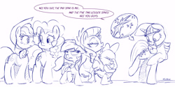 Size: 6000x3000 | Tagged: safe, artist:dilarus, deleted from derpibooru, imported from derpibooru, applejack, pinkie pie, rainbow dash, rarity, spike, twilight sparkle, alicorn, dragon, pony, comic, diverse body types, facepalm, female, filly, mane six, mare, monochrome, twilight sparkle (alicorn), white