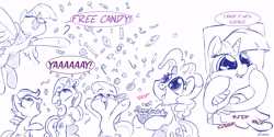 Size: 6000x3000 | Tagged: safe, artist:dilarus, deleted from derpibooru, imported from derpibooru, apple bloom, pinkie pie, scootaloo, sweetie belle, twilight sparkle, alicorn, pony, candy, comic, cutie mark crusaders, female, food, mare, monochrome, simple background, sketch, twilight sparkle (alicorn), white background