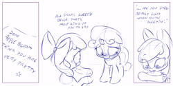 Size: 6000x3000 | Tagged: safe, artist:dilarus, deleted from derpibooru, imported from derpibooru, apple bloom, sweetie belle, pony, comic, female, lesbian, monochrome, shipping, sketch, sweetiebloom