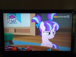 Size: 4160x3120 | Tagged: safe, imported from derpibooru, screencap, starlight glimmer, pony, uncommon bond, chinese, female, filly, filly starlight glimmer, sad, solo, teary eyes, television, younger