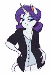 Size: 2328x3300 | Tagged: safe, artist:earthsong9405, imported from derpibooru, rarity, anthro, unicorn, breasts, cleavage, clothes, curved horn, female, hand on hip, leonine tail, looking at you, mare, simple background, smiling, smirk, solo