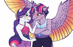 Size: 5100x3300 | Tagged: safe, artist:earthsong9405, imported from derpibooru, rarity, twilight sparkle, alicorn, anthro, unicorn, alternate hairstyle, blushing, clothes, colored wings, colored wingtips, crossed arms, curved horn, eye contact, female, leonine tail, lesbian, lip bite, looking at each other, mare, ponytail, rarilight, shipping, simple background, spread wings, twilight sparkle (alicorn), white background, wing claws, wings