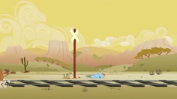 Size: 2048x1146 | Tagged: safe, imported from derpibooru, screencap, rainbow dash, pegasus, pony, over a barrel, circling stars, crash, desert, deserted, dizzy, female, knocked silly, mare, on back, railroad, rainbow crash, road sign, scenery, solo