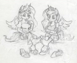 Size: 1298x1062 | Tagged: safe, artist:dertikleen, imported from derpibooru, princess celestia, princess luna, anthro, barefoot, breasts, feet, female, fetish, foot fetish, footsie, lesbian, traditional art