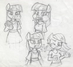 Size: 1271x1180 | Tagged: safe, artist:dertikleen, imported from derpibooru, limestone pie, maud pie, anthro, earth pony, pony, burp, duo, duo female, eating, female, lithophage, pie sisters, rock, siblings, sisters, traditional art